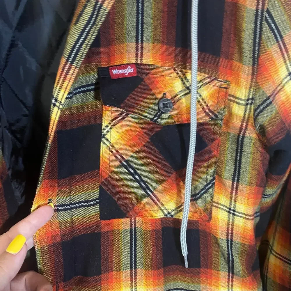 Wrangler Men's Heavyweight Hooded Shirt Jacket Shacket Plaid Yellow Orange Sz S